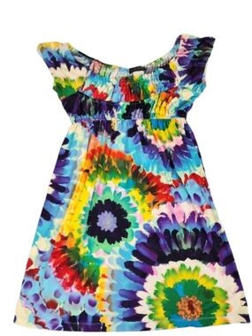 Multicolor Tie-Dye Sundress By Blu Sage Stretchy Gathered Chest Boho Style 70s